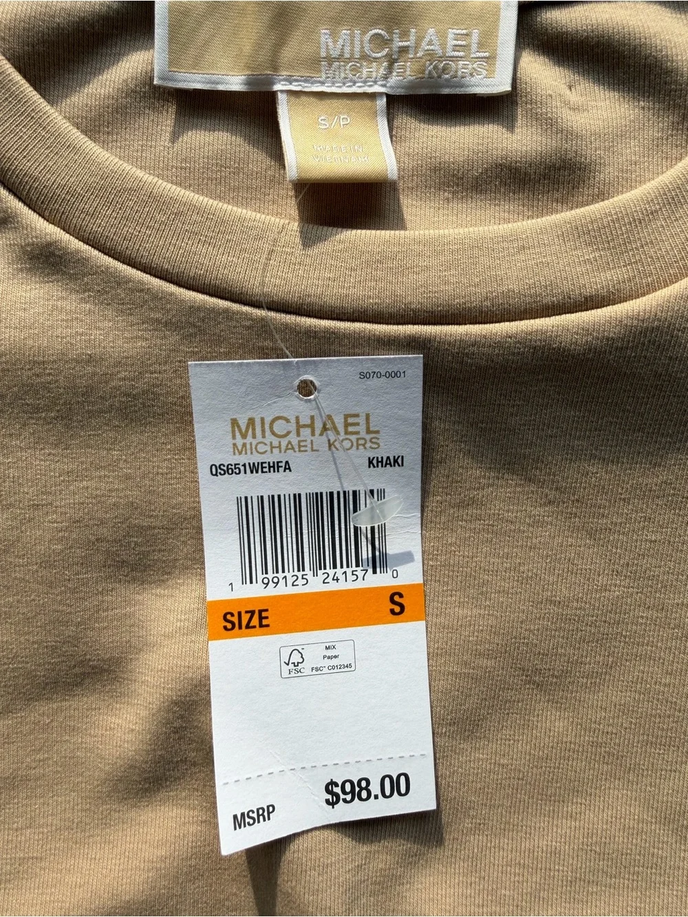 Michael Kors Olive-Tan Short Sleeve Tee with Shoulder Grommet Detail